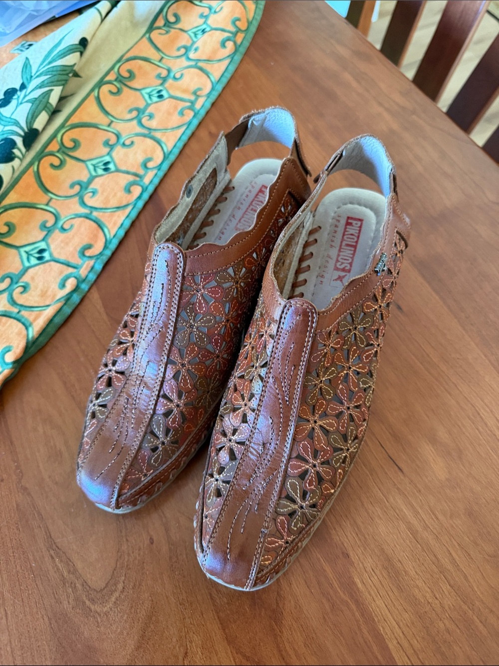 PIKOLINOS Brown Leather Floral Cutout Slingback Mules